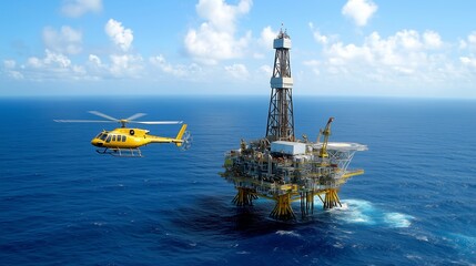 Oil rig , helicopter aproching to landing an a platform