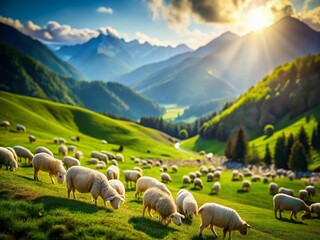Fototapeta premium Miniature Alps: Charming Flock of Sheep on Lush Green Hills