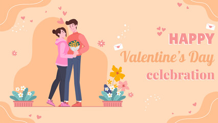 Couple celebrating valentine's day, man or boyfriend gives bouquet of flower to woman or his girlfriend and makes her happy, hearts in background, vector illustration design