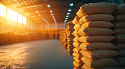 Staged sacks of agricultural inputs in warehouse, illuminated by warm sunlight, create productive atmosphere for farming supplies