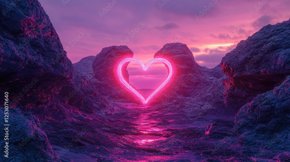 Canvas Prints A surreal landscape featuring a heart-shaped rock formation with pulsating pink neon light in the center