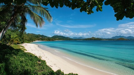 Tropical beach paradise, turquoise water, white sand, lush vegetation, idyllic getaway
