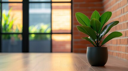 A vibrant indoor plant in a sleek pot, set against a backdrop of brick and large windows, creating a refreshing and inviting atmosphere in a modern space.