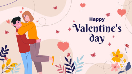 Couple of happy young man and woman hugging. Valentine's day joyful teen boyfriend and girlfriend embracing. Flat cartoon vector illustration background
