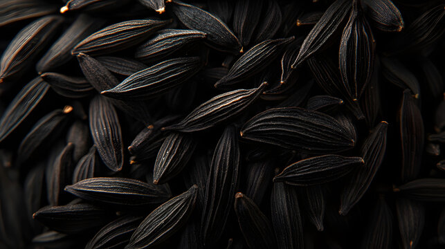 A close-up of black cumin seeds in a small pile, showing the deep black color and smooth texture.