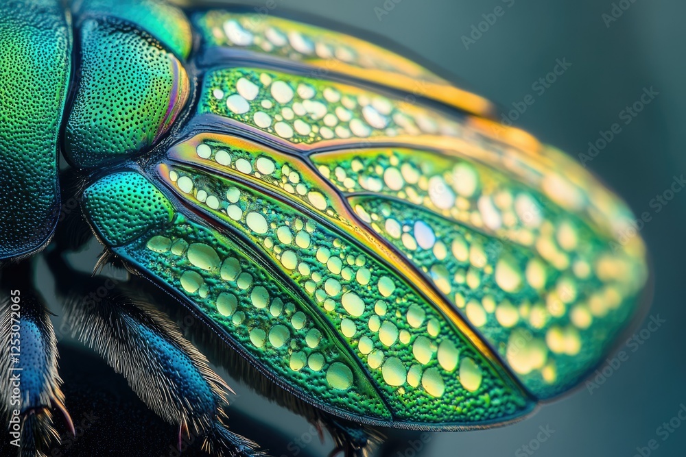 Poster close-up of a vibrant green beetle with iridescent elytra, showcasing intricate texture and detail.