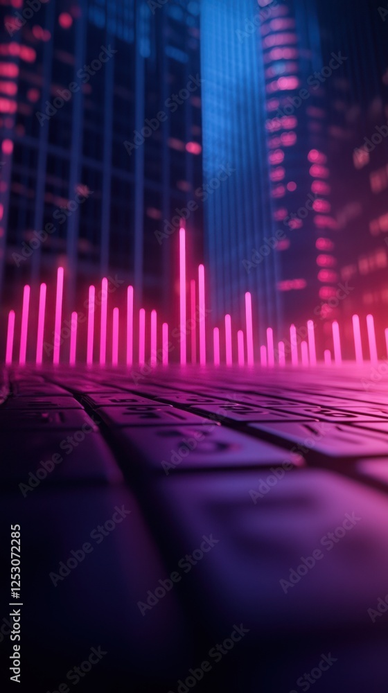 Poster a vibrant, close-up view of a keyboard with glowing pink sound waves representing technology and inn