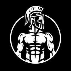 Spartan warrior in a helmet on a dark background.