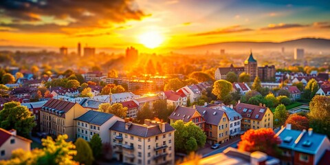 Fototapeta premium Miniature Early Morning Cityscape: Tilt-Shift Photo of Sunrise Over Urban Buildings