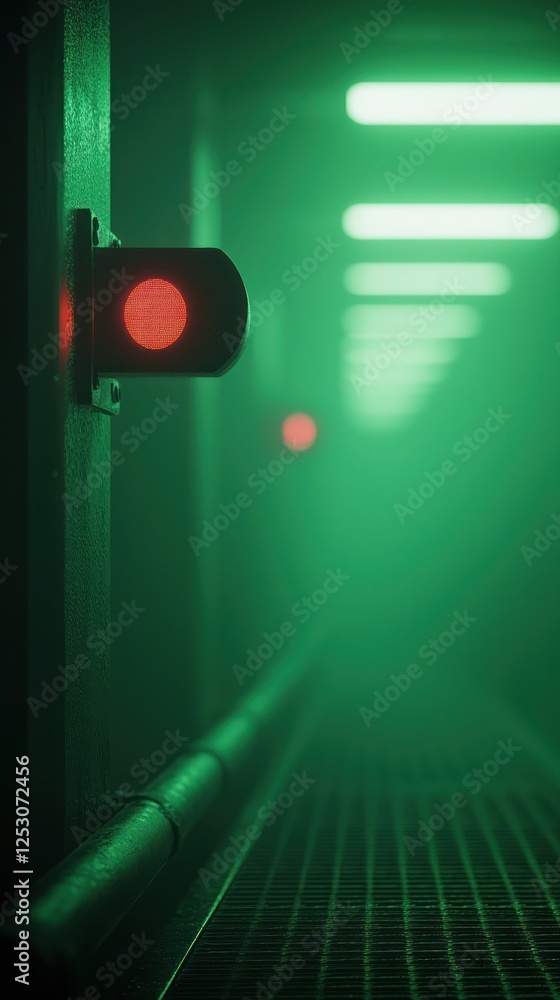 Poster a visually striking image featuring illuminated signals in a foggy corridor
