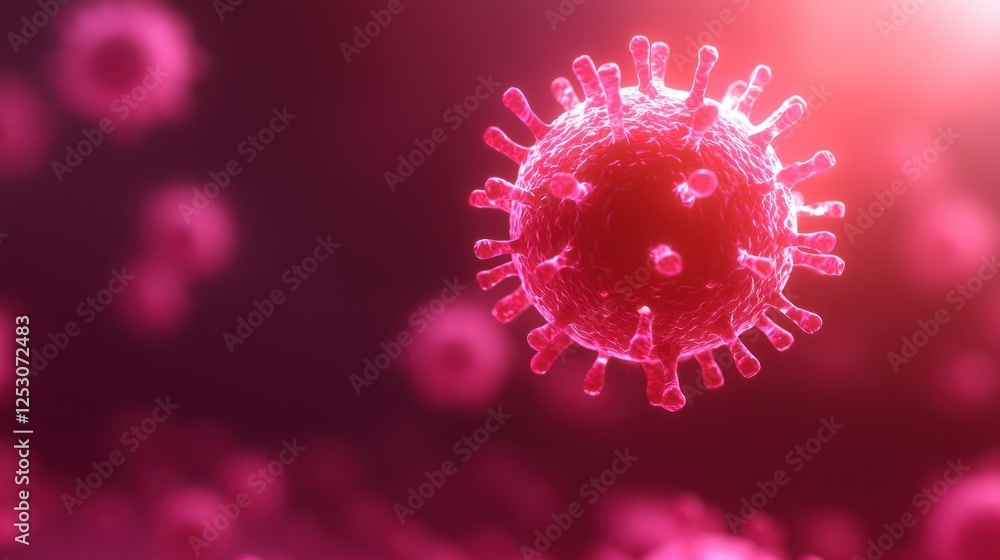 Poster a vivid visualization of a virus, showcasing intricate structures and vibrant colors. ideal for educ