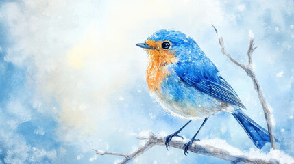 Beautiful Bluebird Perched on a Branch Against a Soft Winter Sky During a Serene Morning in Nature