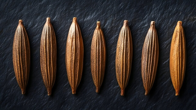 A close-up of cumin seeds arranged in a neat row on a dark surface, emphasizing their natural, elongated shape and rich brown color.