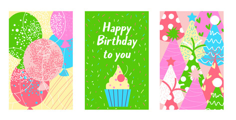 Colorful Birthday Cards with Balloons, Cupcake, and Party Hats