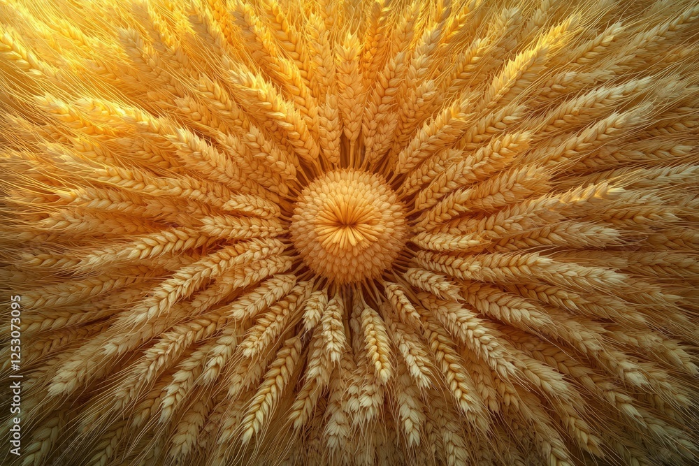 Poster golden wheat stalks arranged in a sunburst pattern, creating a visually stunning and texturally rich