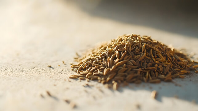 A close-up of cumin seeds placed in a small pile on a light surface, showcasing their fine texture and distinct earthy tones.