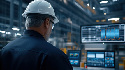worker in hard hat observes data on multiple screens in modern industrial setting, showcasing advanced technology and safety measures