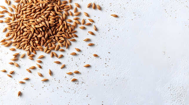 A close-up of cumin seeds scattered across a white surface, highlighting their fine texture and natural color.