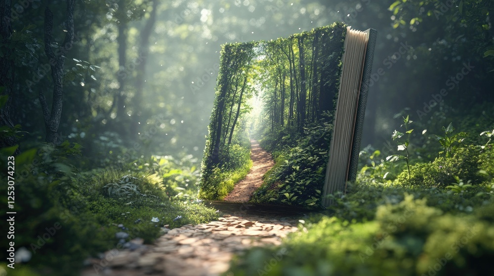Poster an imaginative concept where a vertical book opens to show a path through a forest clearing.