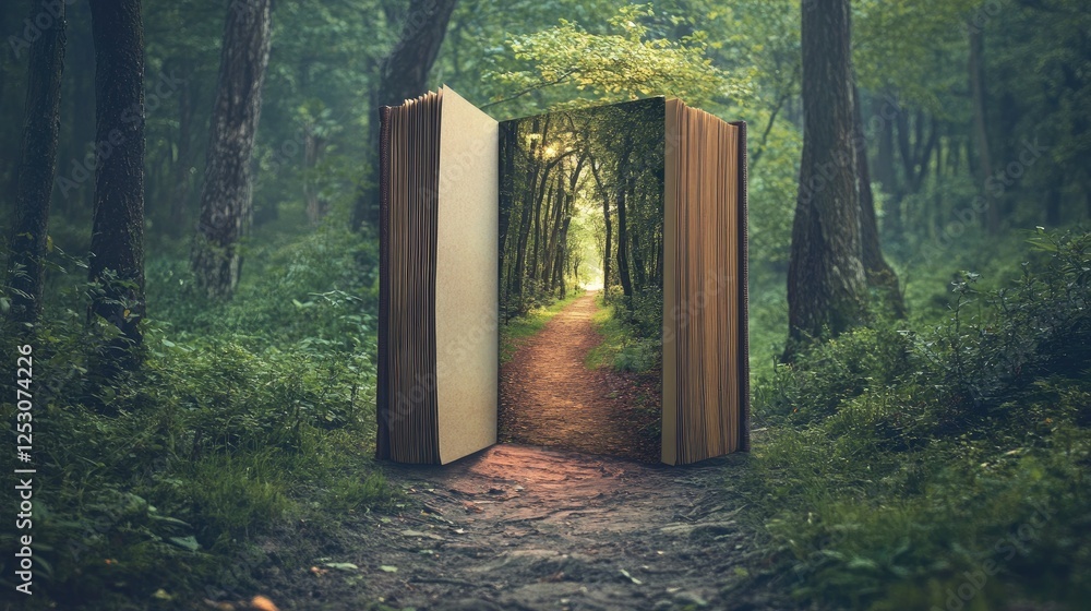 Poster an imaginative concept where a vertical book opens to show a path through a forest clearing.