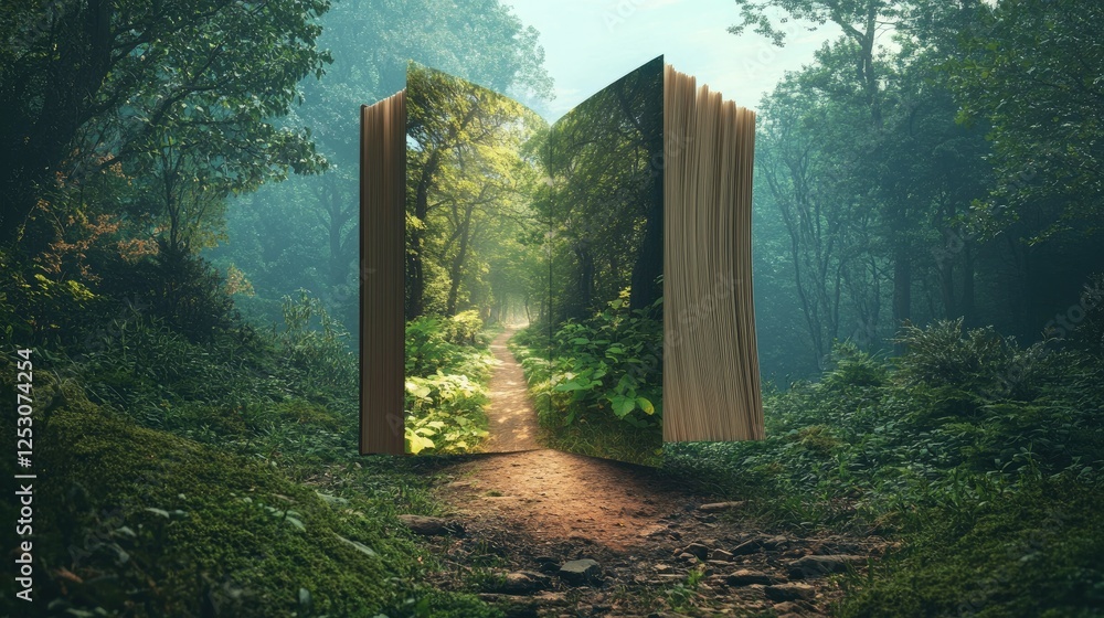 Poster an imaginative concept where a vertical book opens to show a path through a forest clearing.