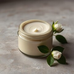 White jar of skin hand made organic eco friendly vegan cream. Delicate gentle photo with rose flowers in a frame. Still life minimalistic beauty cosmetics care natural light template.	