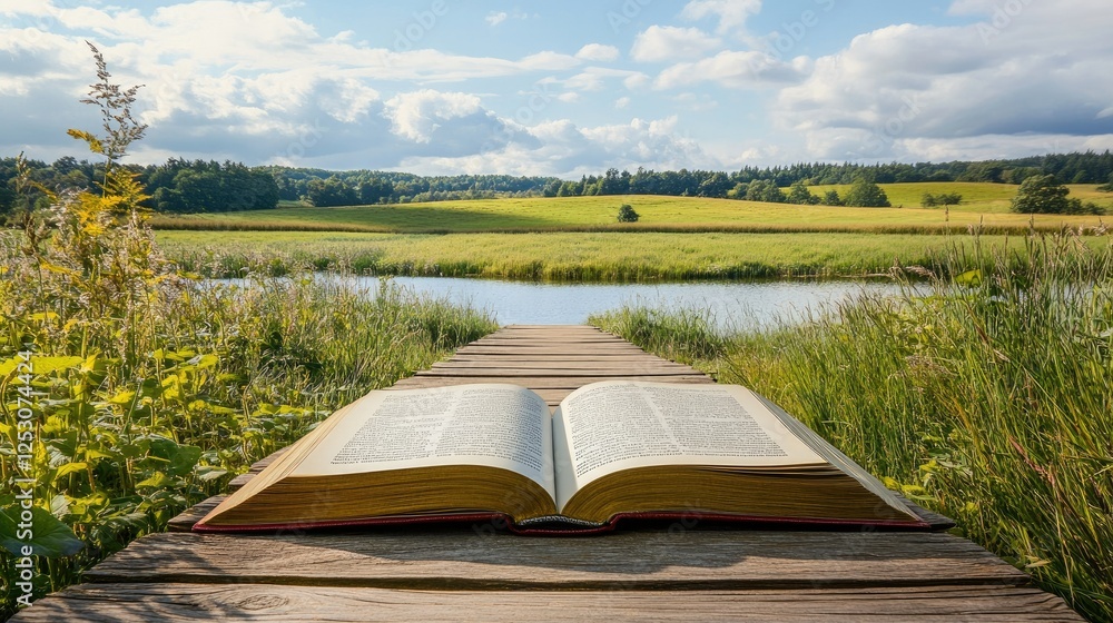 Poster an open book with its pages forming a bridge leading to a serene countryside field.