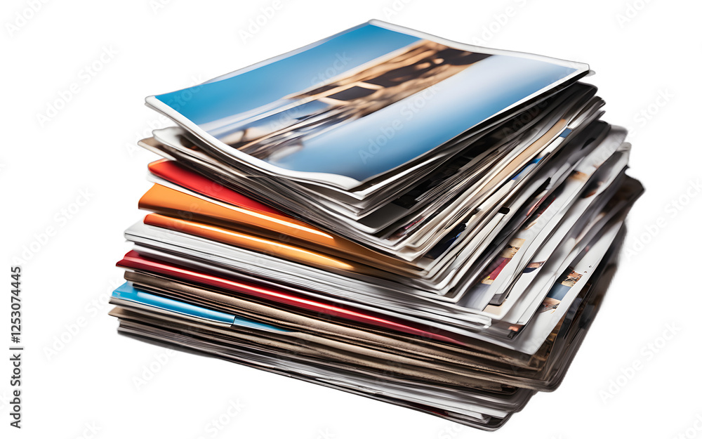 Poster a stack of glossy lifestyle magazines neatly arranged on a empty plain background