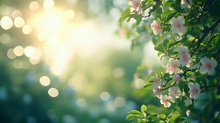 Soft blossoms on the right side, surrounded by greenery and a radiant summer sky softly blurred with bokeh.
