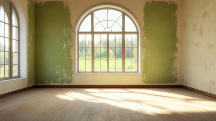 empty apartment with good lighting, featuring large windows and green walls. sunlight casts beautiful shadows on wooden floor, creating serene atmosphere