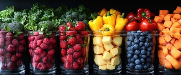 Assortment Of Colorful Fruits And Vegetables In Clear Containers