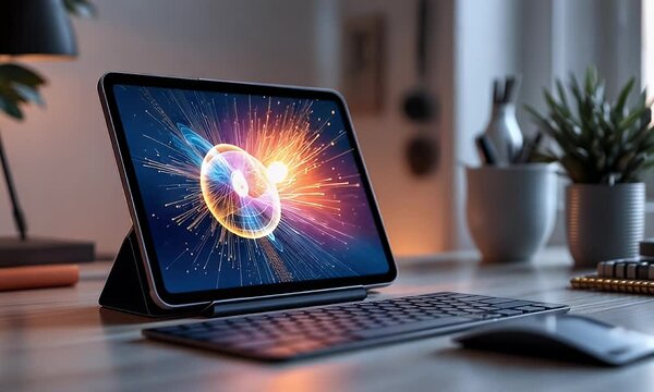 Global network on tablet, home office