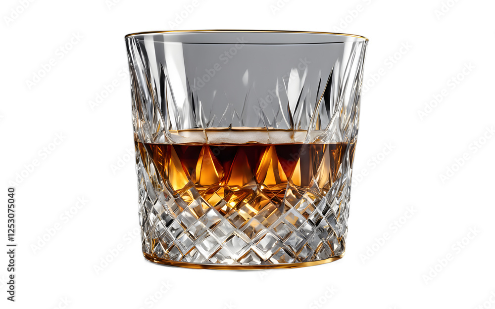 Poster a stylish crystal whiskey glass with a golden rim on a empty plain background