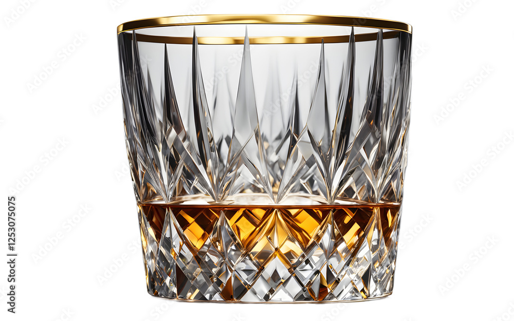 Poster a stylish crystal whiskey glass with a golden rim on a empty plain background