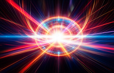 Obraz premium Abstract image of blurred light streaks in red, orange, yellow, blue and purple against a dark background.