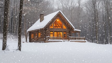A cozy log cabin nestled in a snowy forest, warmly lit from within, creating a picturesque winter retreat surrounded by snow-covered trees and falling snowflakes