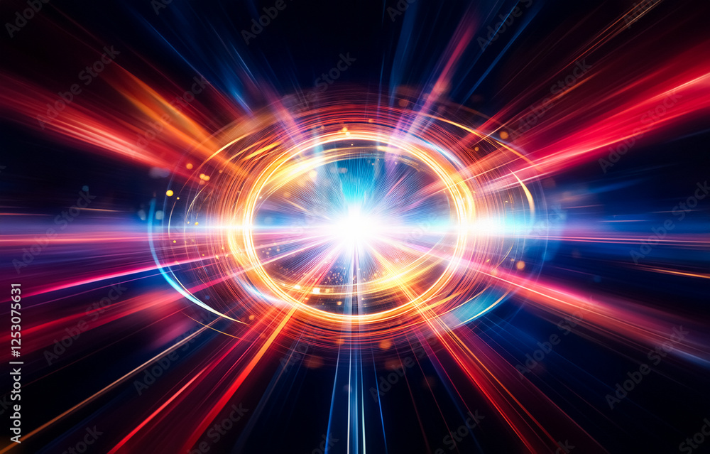 Poster abstract background with glowing lines of red, orange, blue, and yellow, converging into a single po