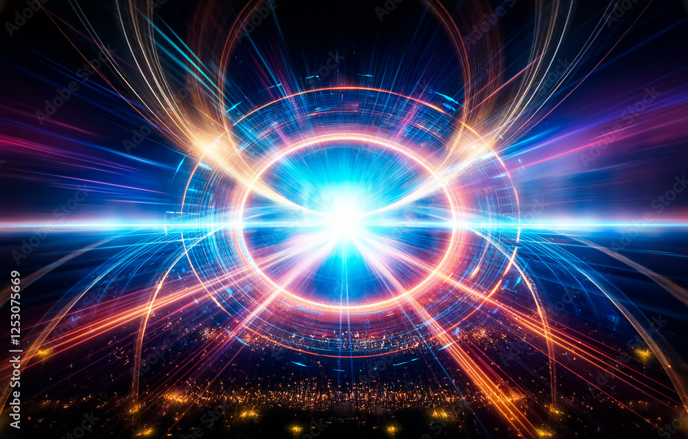 Poster abstract image of colorful light streaks converging toward the center.