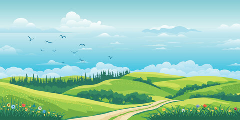 View of summer landscape, spring hills, green meadows and hills, rural road, bird flock, vector illustration