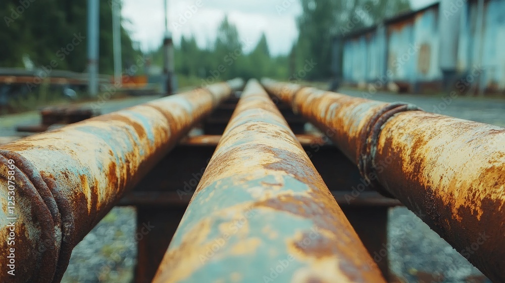 Poster close-up of rust-covered pipes lying parallel to each other in an outdoor setting