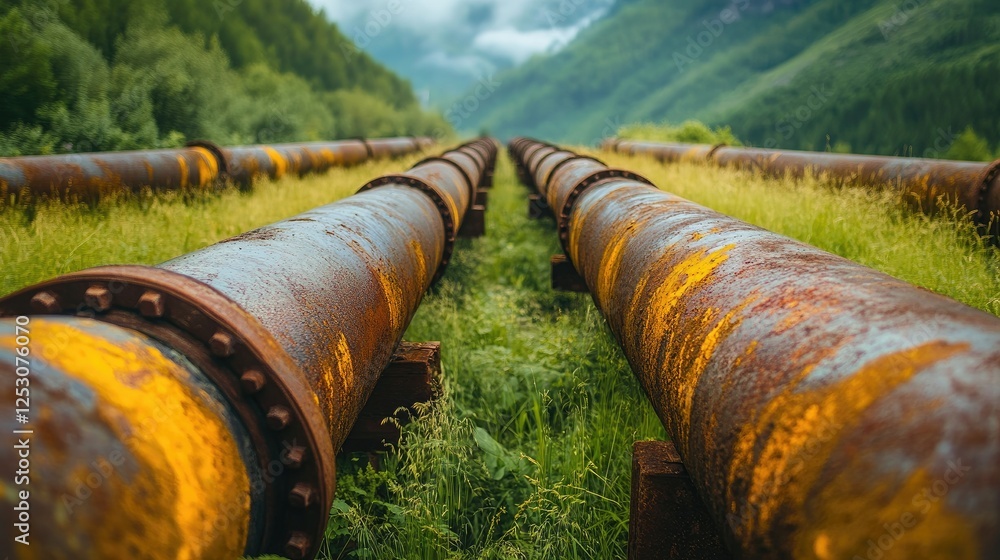 Poster close-up of rust-covered pipes lying parallel to each other in an outdoor setting