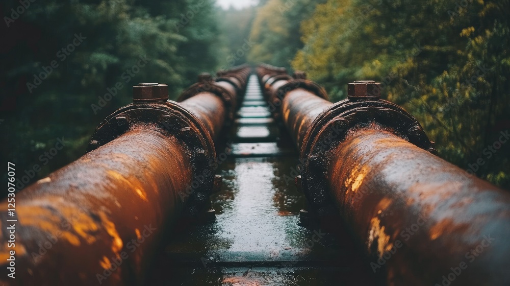 Poster close-up of rust-covered pipes lying parallel to each other in an outdoor setting