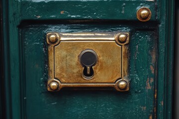 Fototapeta premium Vintage Door Lock With Intricate Details Against A Green Wooden Background, Emphasizing Antique Design And Craftsmanship.