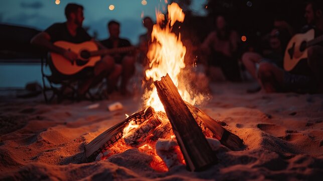 A bonfire on the beach at night, with friends gathered around playing guitar and roasting marshmallows - Powered by Adobe