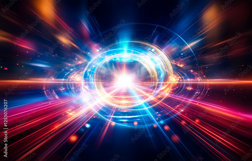 Poster Abstract lines of light in a dark background create a sense of movement and speed.