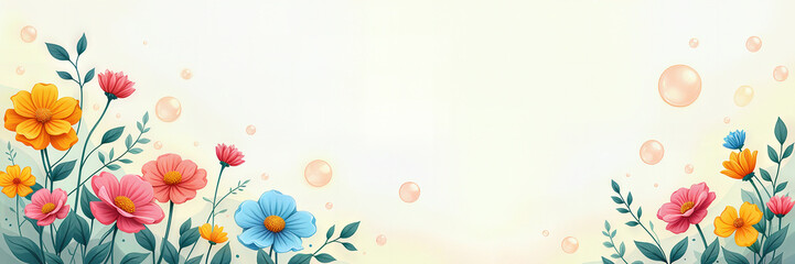 Delicate illustration of blooming flowers in pink, yellow, blue, and red on a light beige background for a birthday theme.