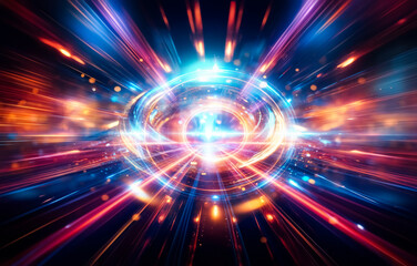 A digital rendering of abstract, glowing lines of red, orange, and blue radiating outward from a central point.