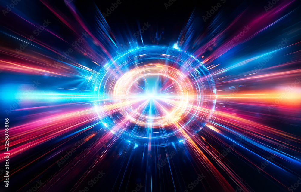 Poster Abstract glowing light streaks creating a futuristic tunnel effect with a vibrant blue, red and yellow color scheme.