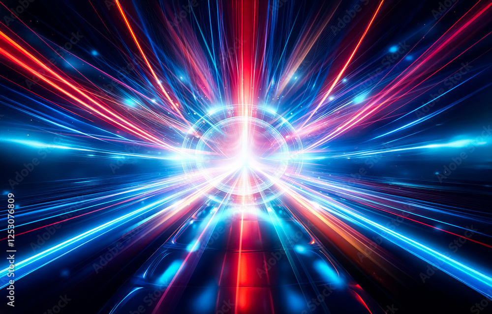 Poster abstract background with bright, colorful streaks of light radiating outwards from the center, creat