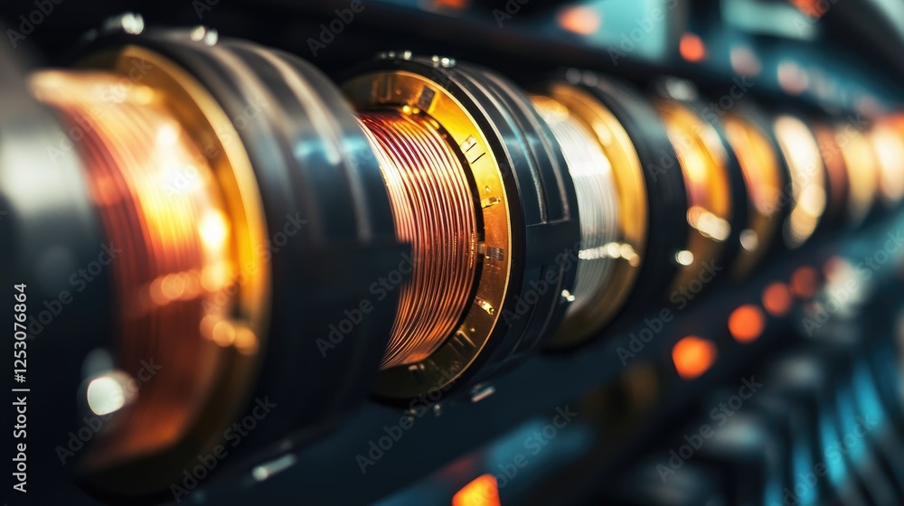 Poster cross-sections of thick electrical cables displayed in a row, with sharp focus on the center